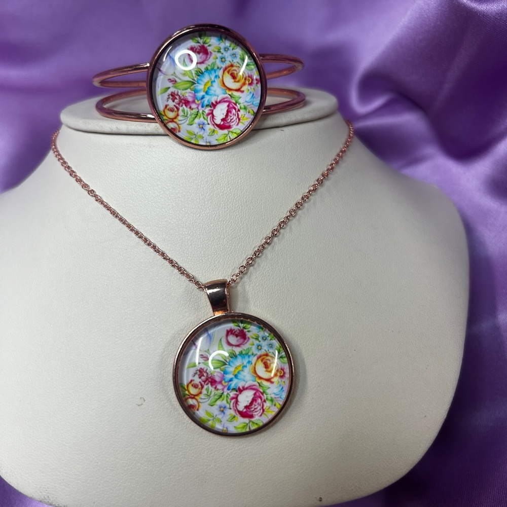 Floral Rose 1inch Cabochon Pendant Necklace & Bangle Bracelet - Pink Rose Gold